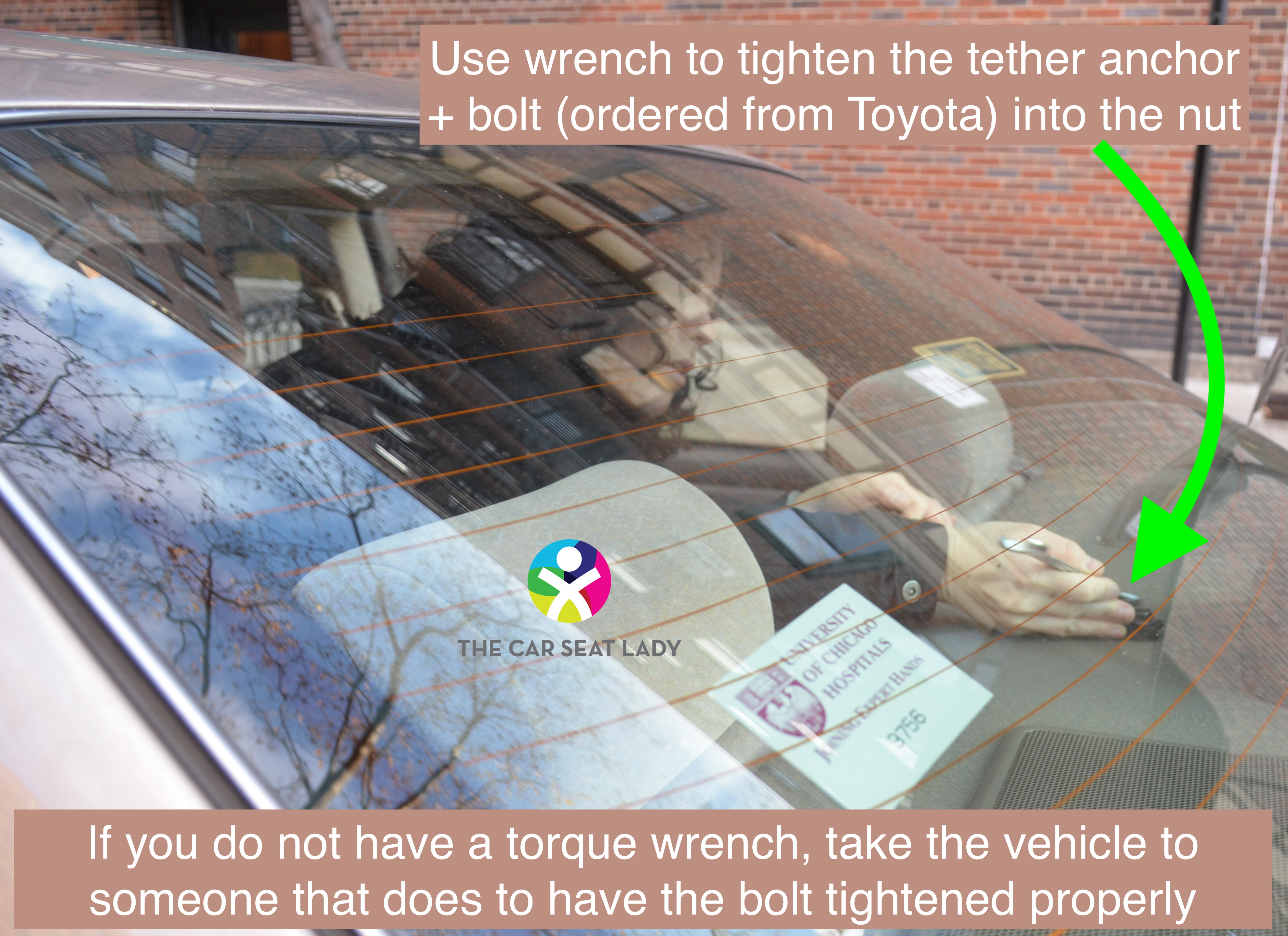 The Car Seat Lady Tightening tether anchor with wrench in 98 camry