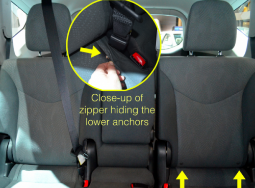 2013-2014 Toyota Prius V
Lower anchors on driver side - hidden behind a zipper in the seat cushion