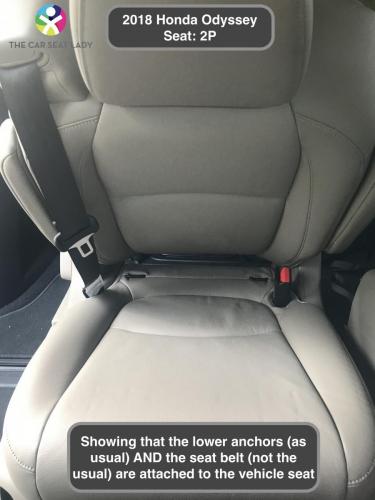 2018 Honda Odyssey 2nd row 2p showing LATCH and seat belt all attached to the vehicle seat