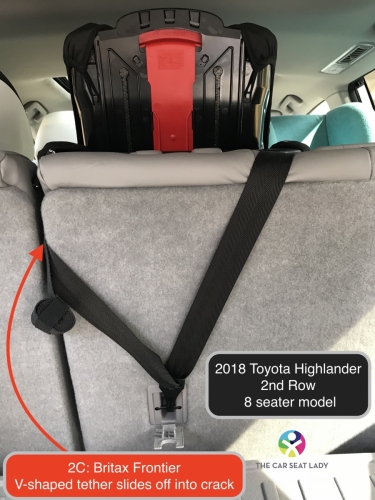 2018 Toyota Highlander 2nd row Frontier in 2C V tether slides off into crack