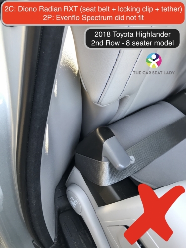 2018 Toyota Highlander 2nd row Radian FF 2C evenflo spectrum closeup didn't fit in 2P