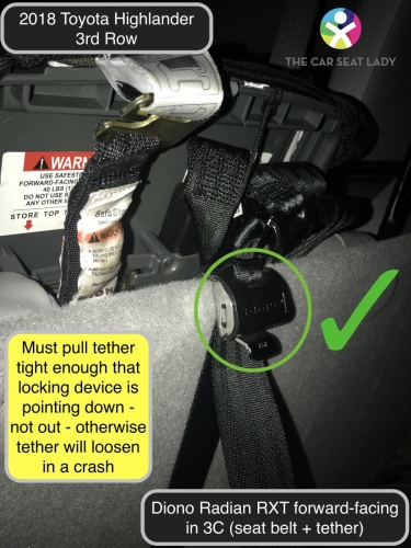2018 Toyota Highlander 3rd row Diono FF in 3C tether in locked mode