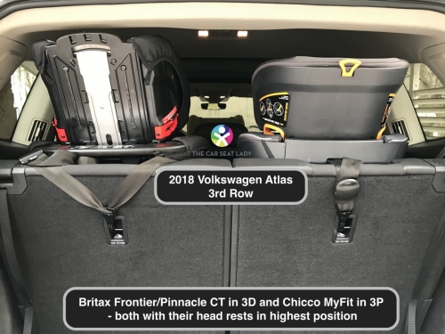 2018 Volkswagen Atlas 3rd row w Britax Frontier in 3D and Chicco MyFit in 3P w head rest all the way up
